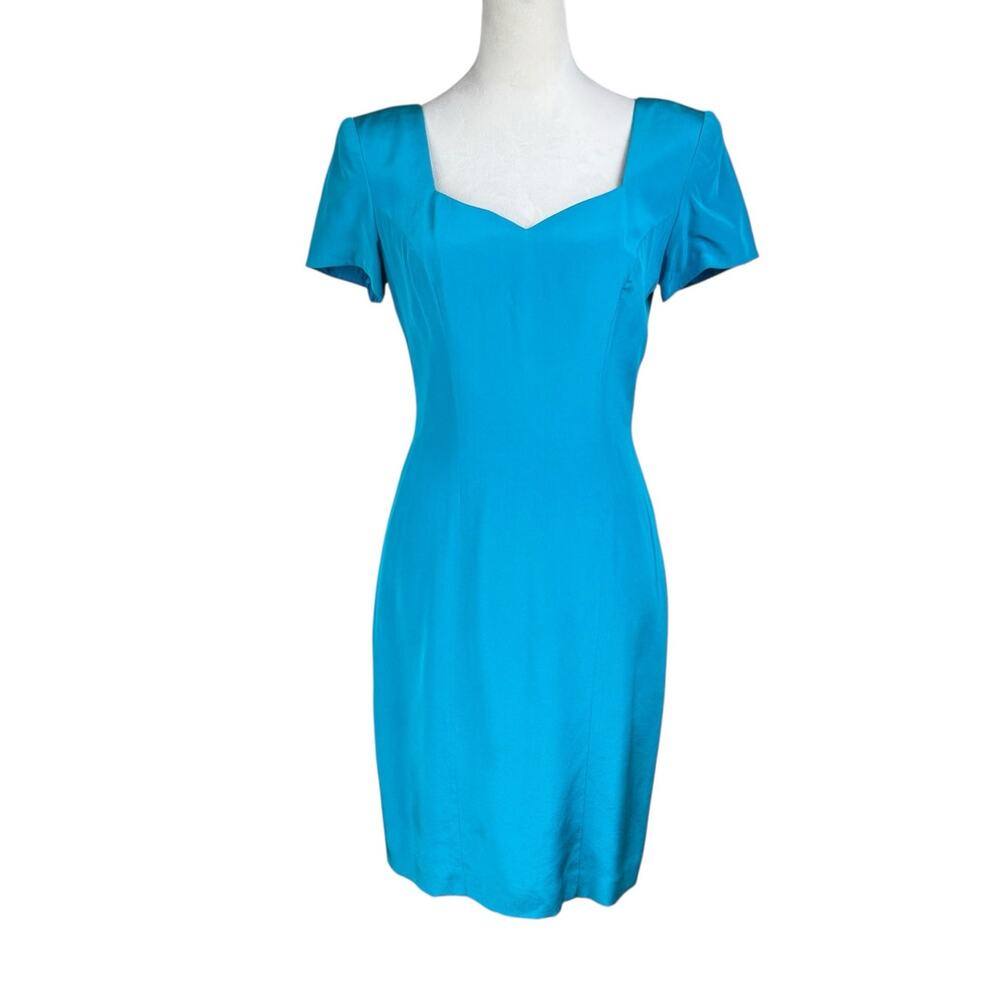 Vintage 90's Liz Claiborne 100% Silk Aqua Blue Sweetheart Sheath Dress